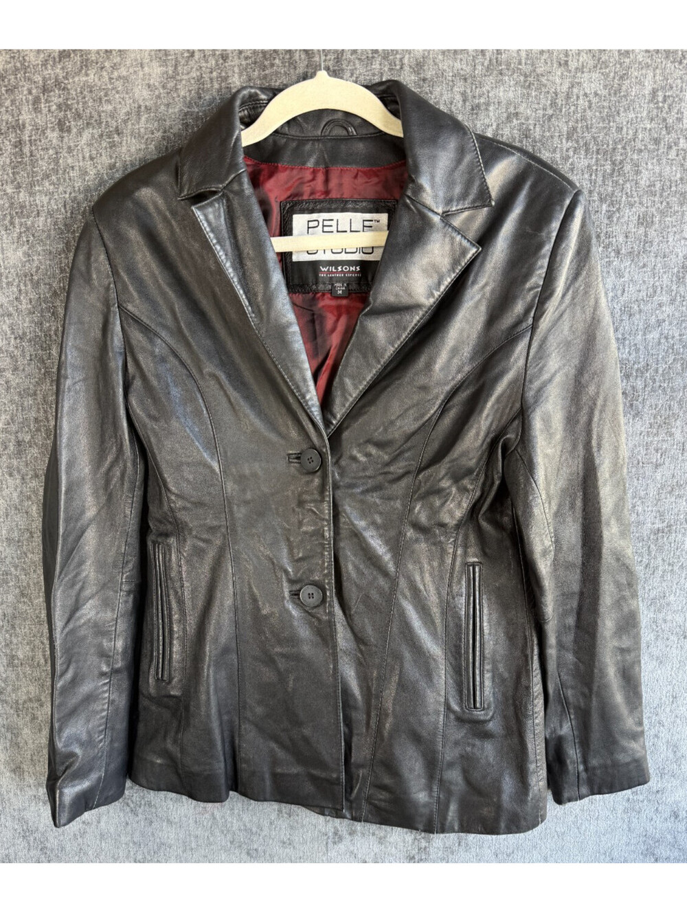 Wilsons Leather Pelle Studio Jacket Womens Medium Black Blazer Coat 2 Button Vtg